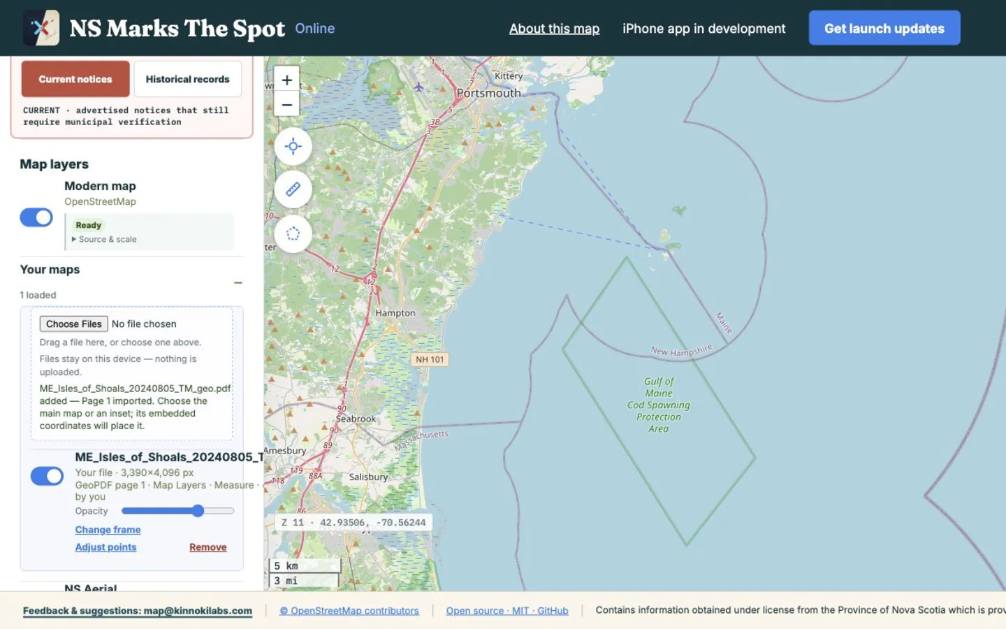 NS Marks The Spot browser interface showing a public OpenStreetMap background, a locally imported USGS GeoPDF listed in the map layers panel, and its extent outlined over the map.